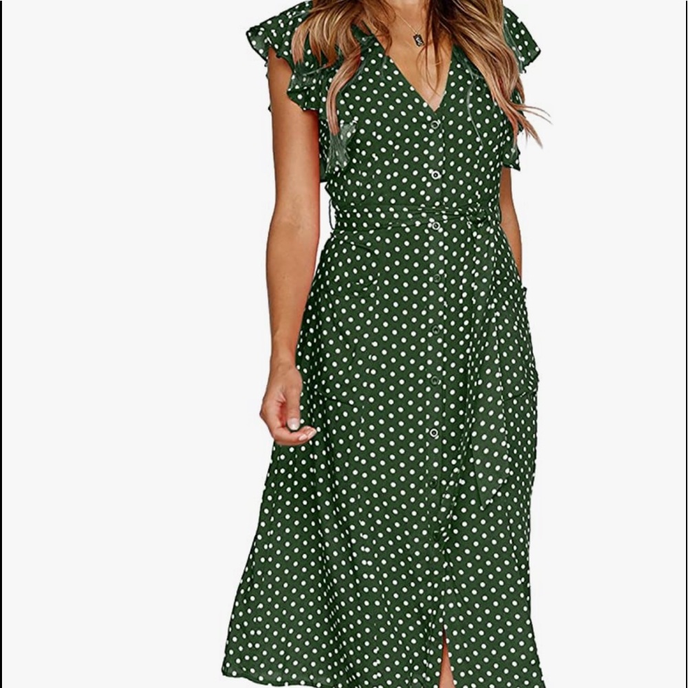 Flutter Sleeve, Button-Down, Green Polka Dot Midi… - image 2